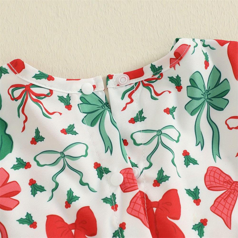 Christmas Bow Print Long Sleeve Baby Girl Romper