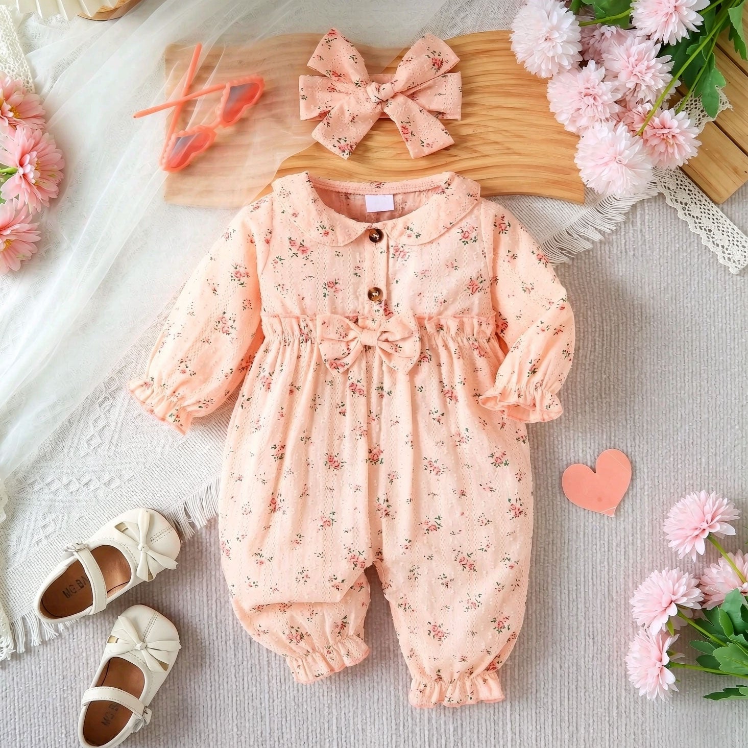 2PCS Exquisite Allover Floral Printed Long Sleeve Baby Jumpsuit