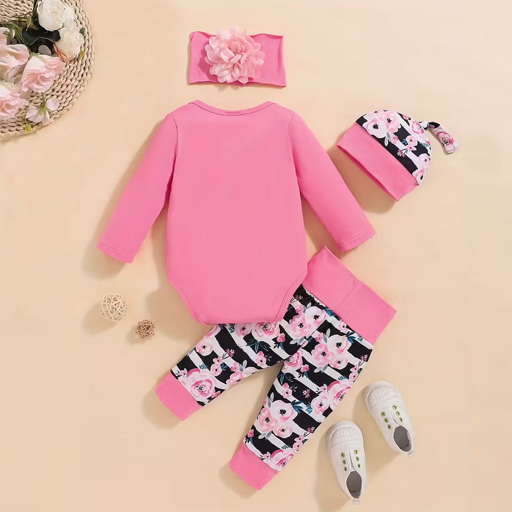 4PCS Daddy's Girl Mommy's World Letter Floral Stripe Printed Baby Set