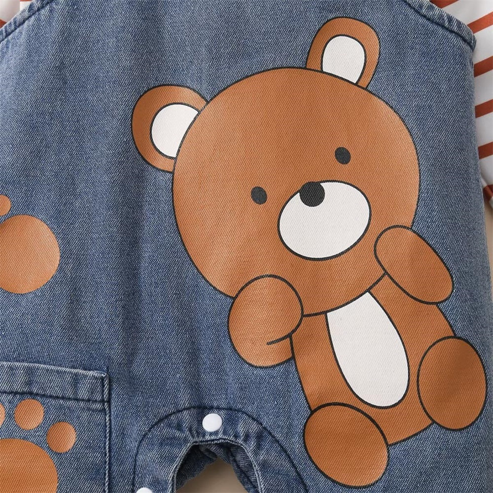 2PCS Casual Bear Print Long Sleeve Denim Overalls Baby Set