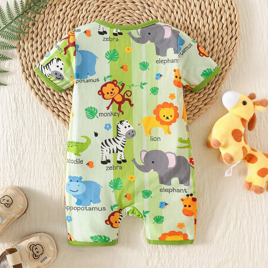 Casual Animal Print Short Sleeve Zipper Baby Jumpsuit