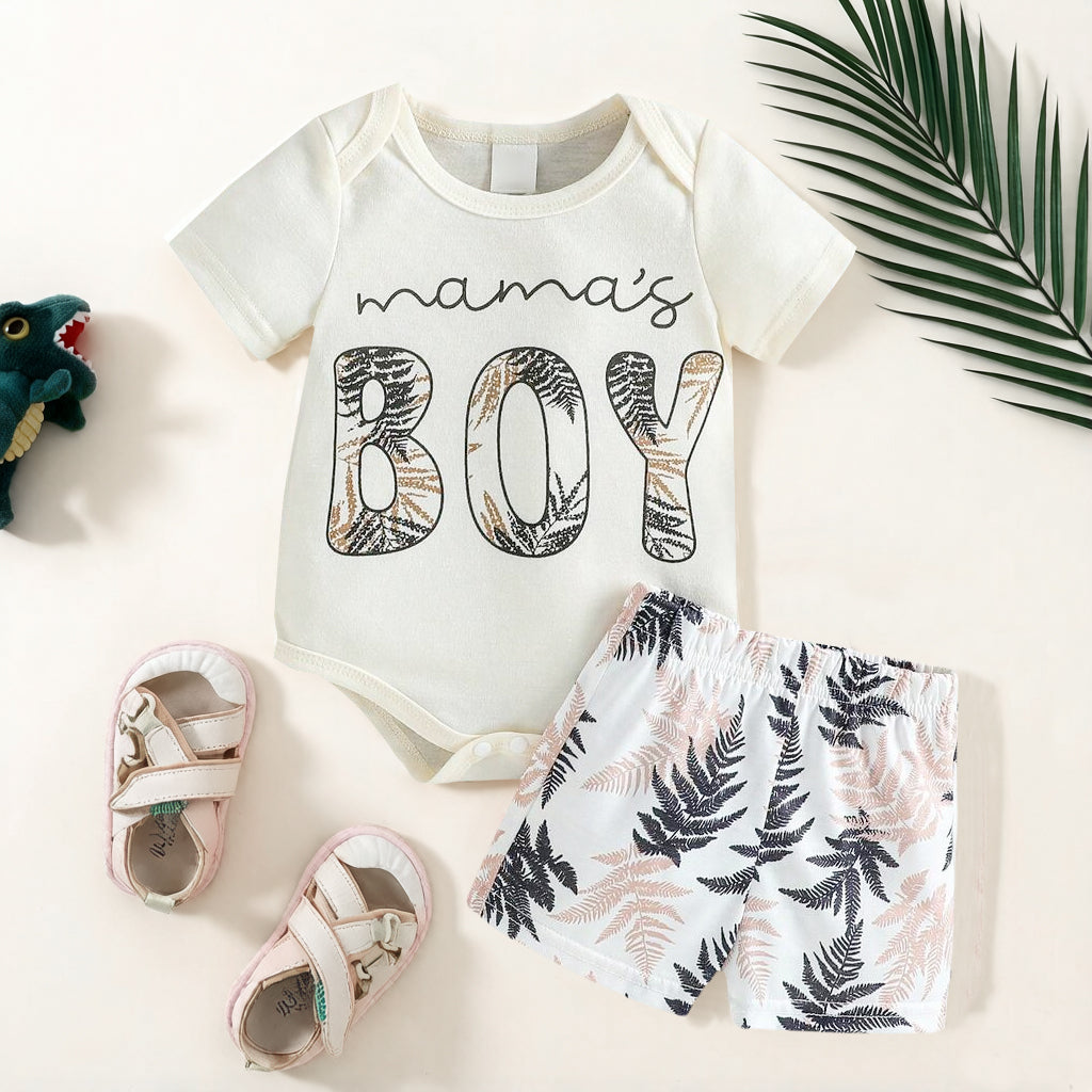 2PCS Mama's Boy Letter Tropical Leaf Printed Short Sleeve Baby Set