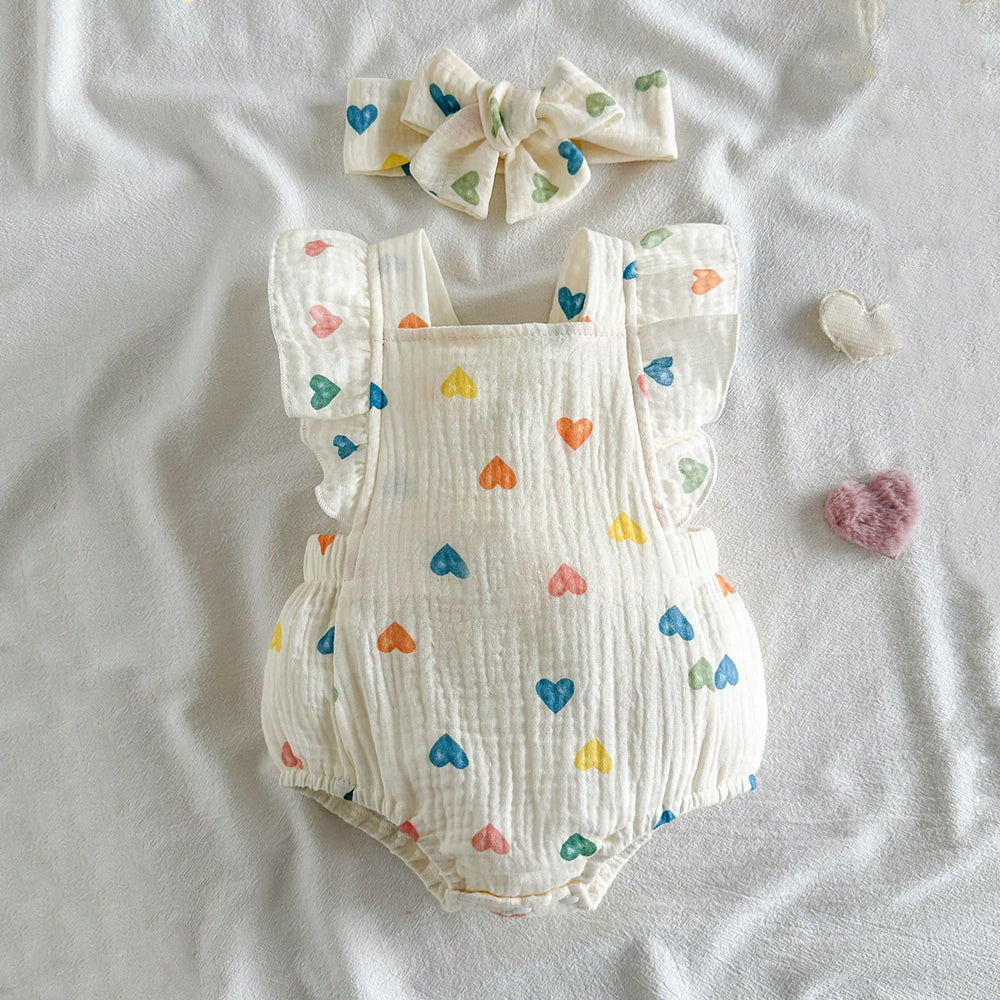 2PCS Casual All-over Heart Print Flutter Sleeve Baby Romper