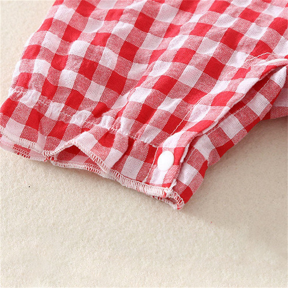 2PCS Stylish Plaid Printed Lace Trim Collar Short Sleeve Baby Jumpsuit