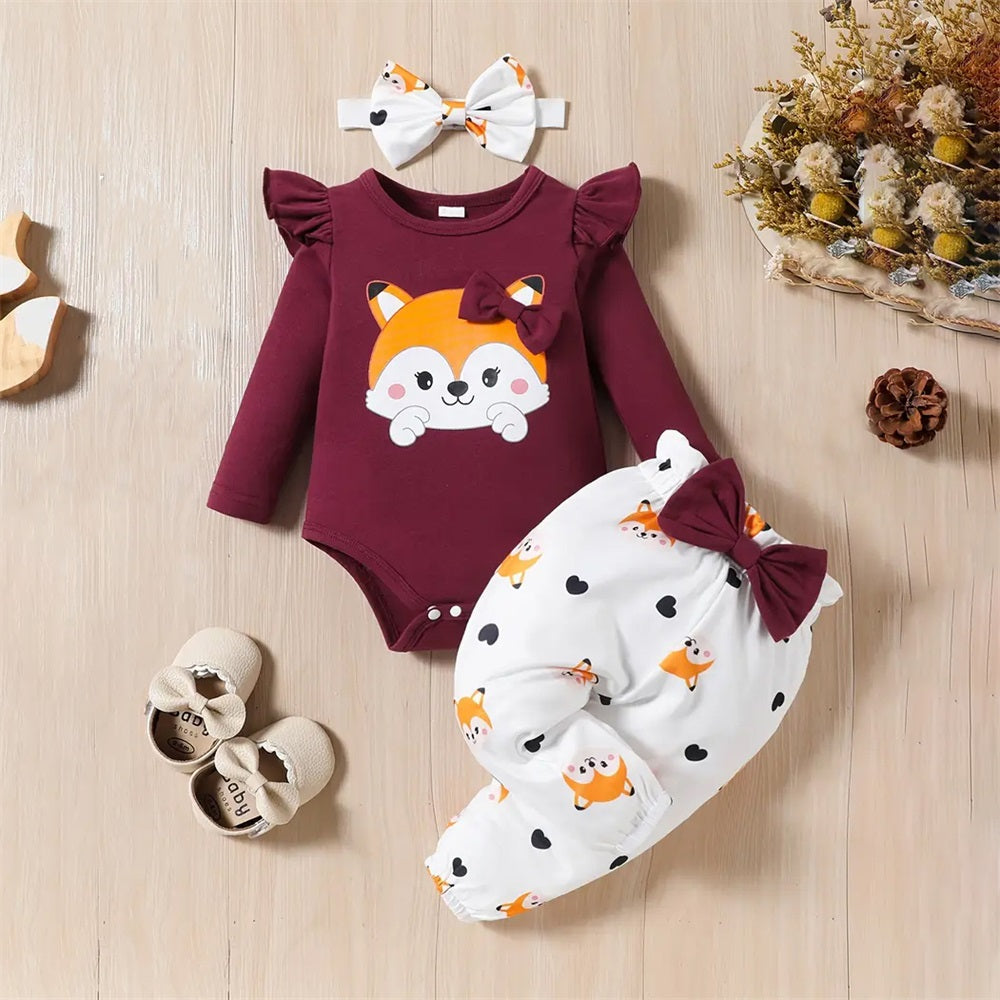 3PCS Cute Fox Printed Long Sleeve Baby Set