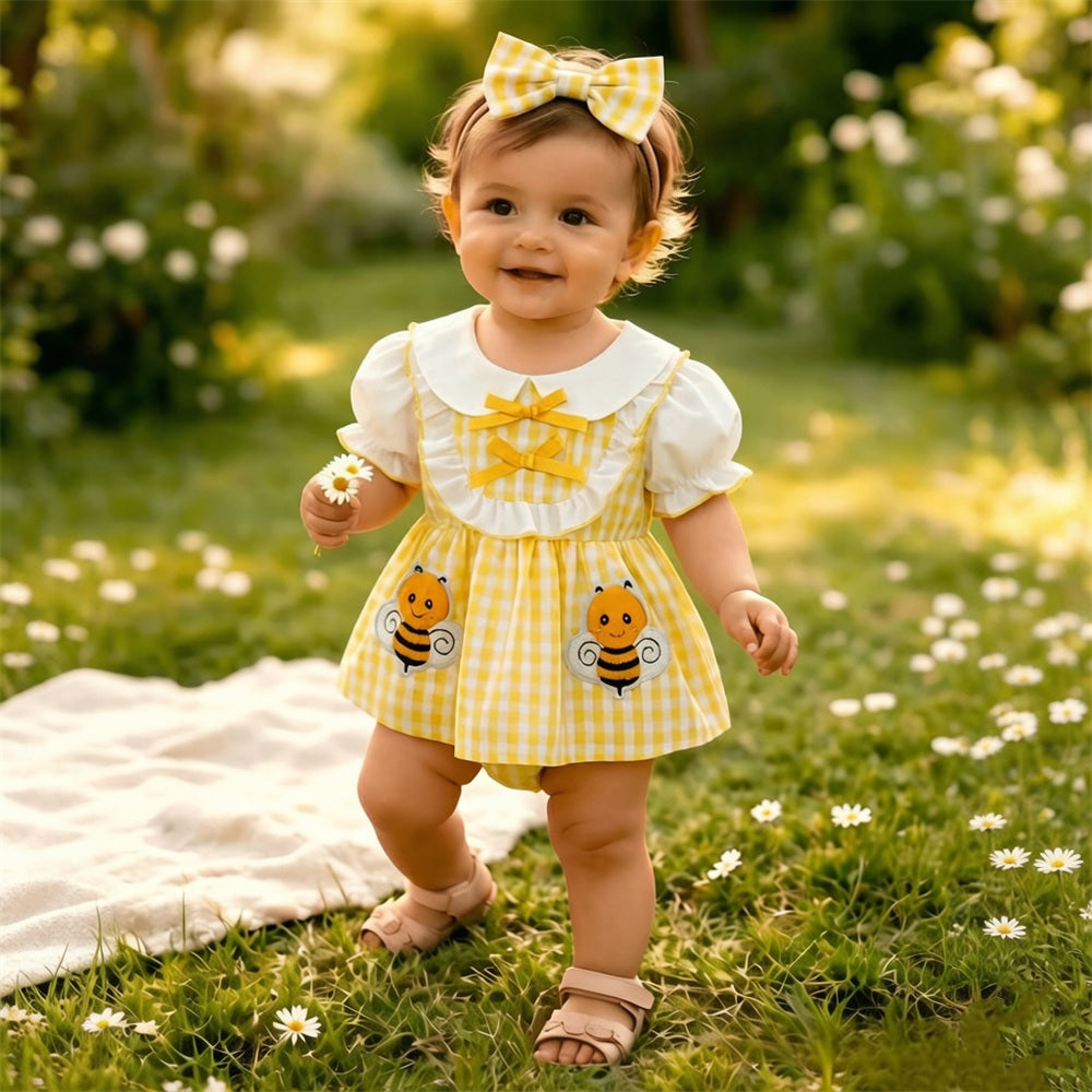 2PCS Cute Bee Embroidery Short Sleeve Baby Romper