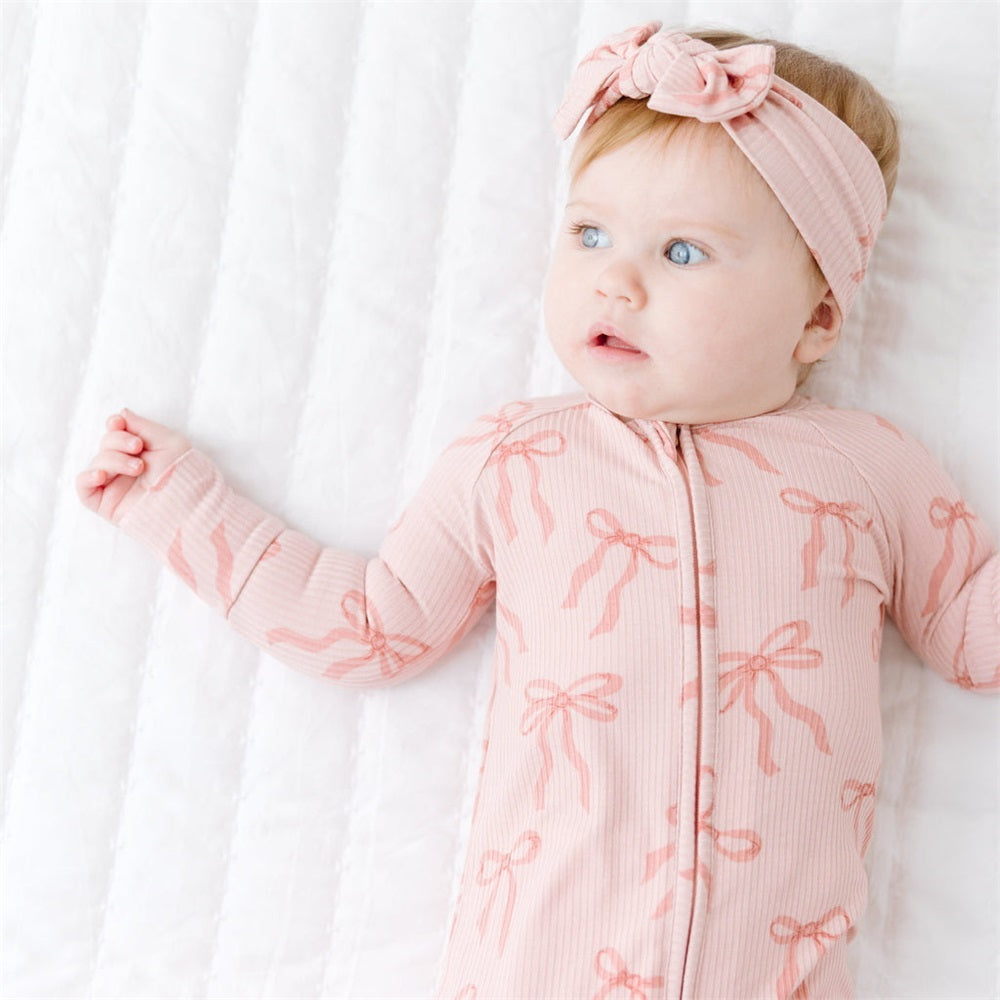 2PCS Bow Print Ribbed Zip Long Sleeve Baby Jumpsuit
