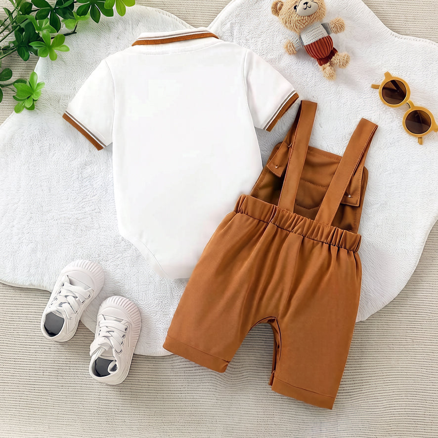 2PCS Cute Cartoon Bear Appliqués Short Sleeve Baby Overalls Set