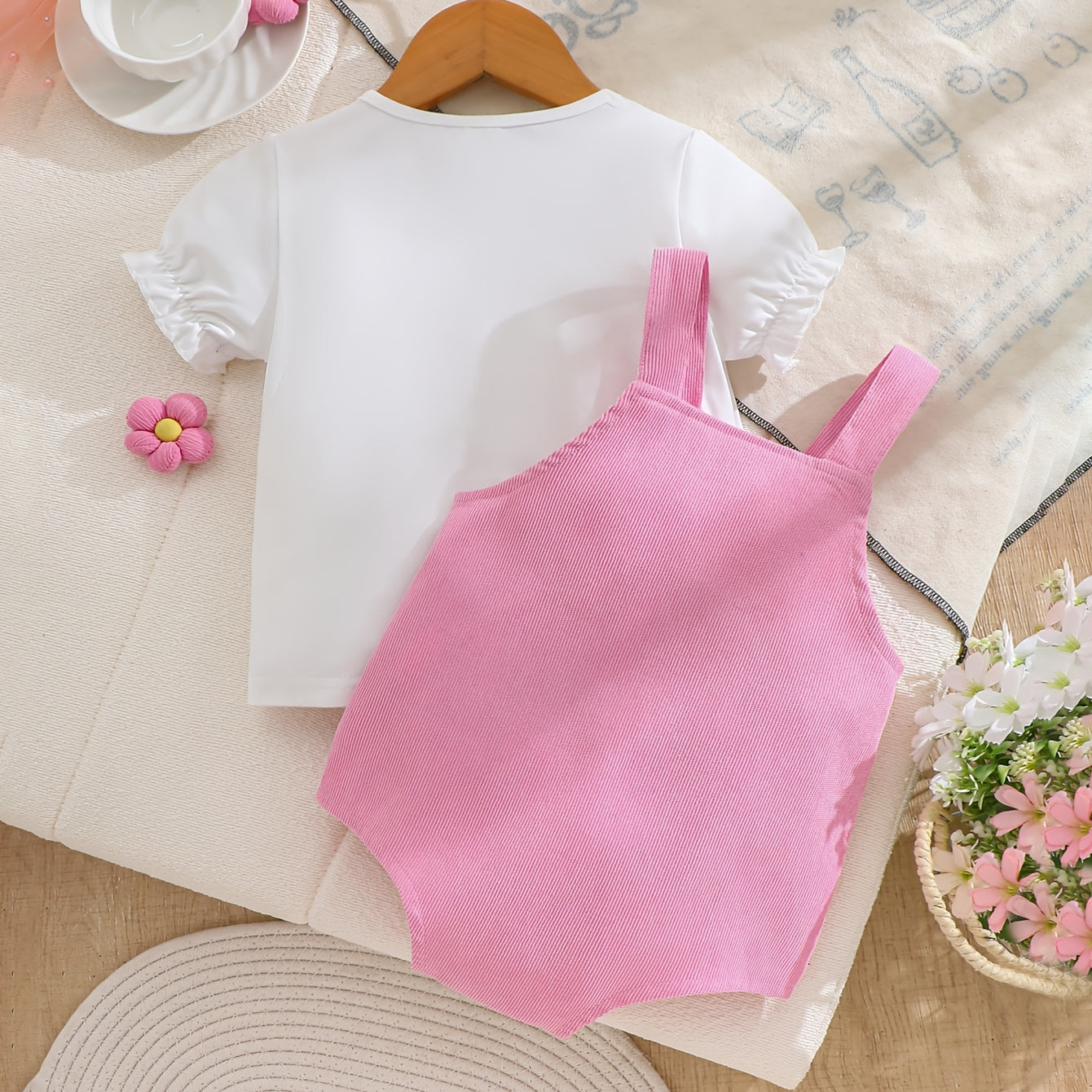 2PCS Cute Letter Embroidery Floral Appliqué Short Sleeve Baby Set