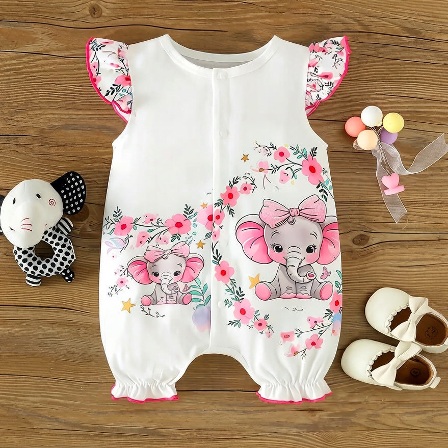 Lovely Elephant Floral Print Flounce Sleeve Baby Jumpsuit