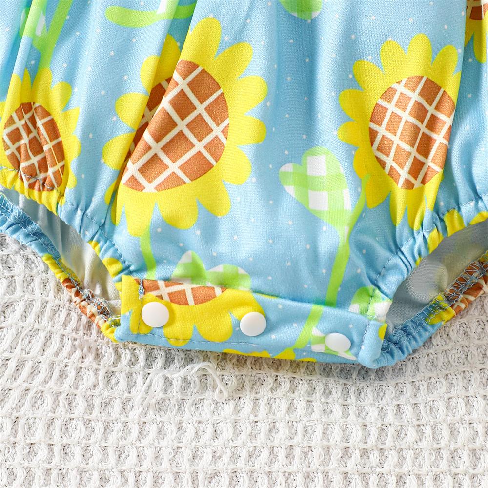 2PCS Sweet Sunflower Print Bow Flutter Sleeve Baby Romper