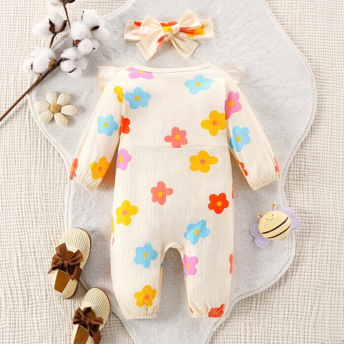 2PCS Bubbly Floral Print Long Sleeve Baby Girl Jumpsuit