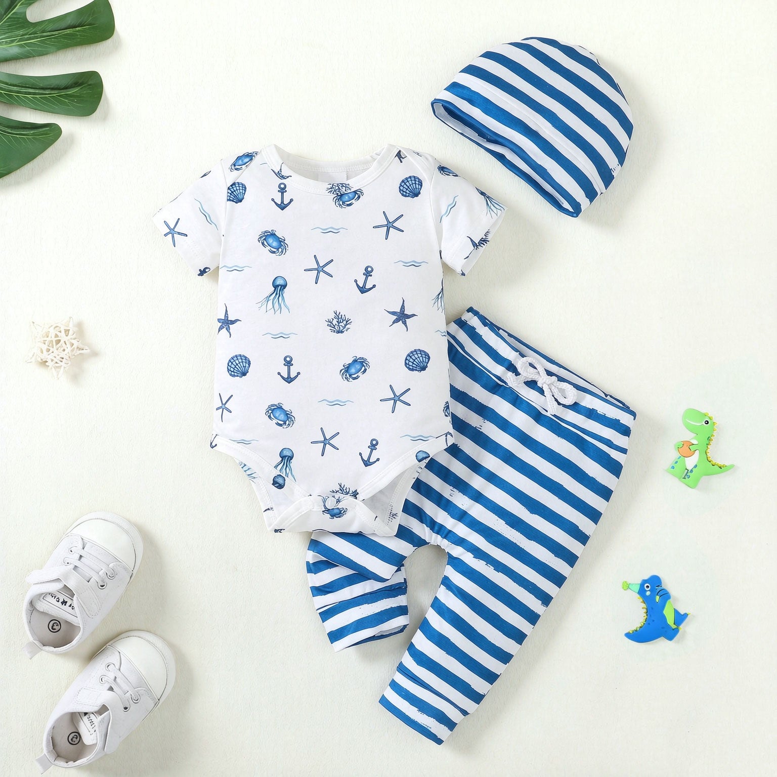3PCS Cute Sea Animals Stripe Printed Short Sleeve Baby Set