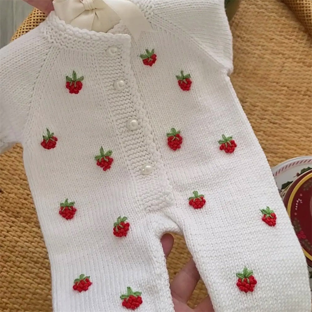 2PCS Strawberry Embroidered Knit Long Sleeve Baby Jumpsuit