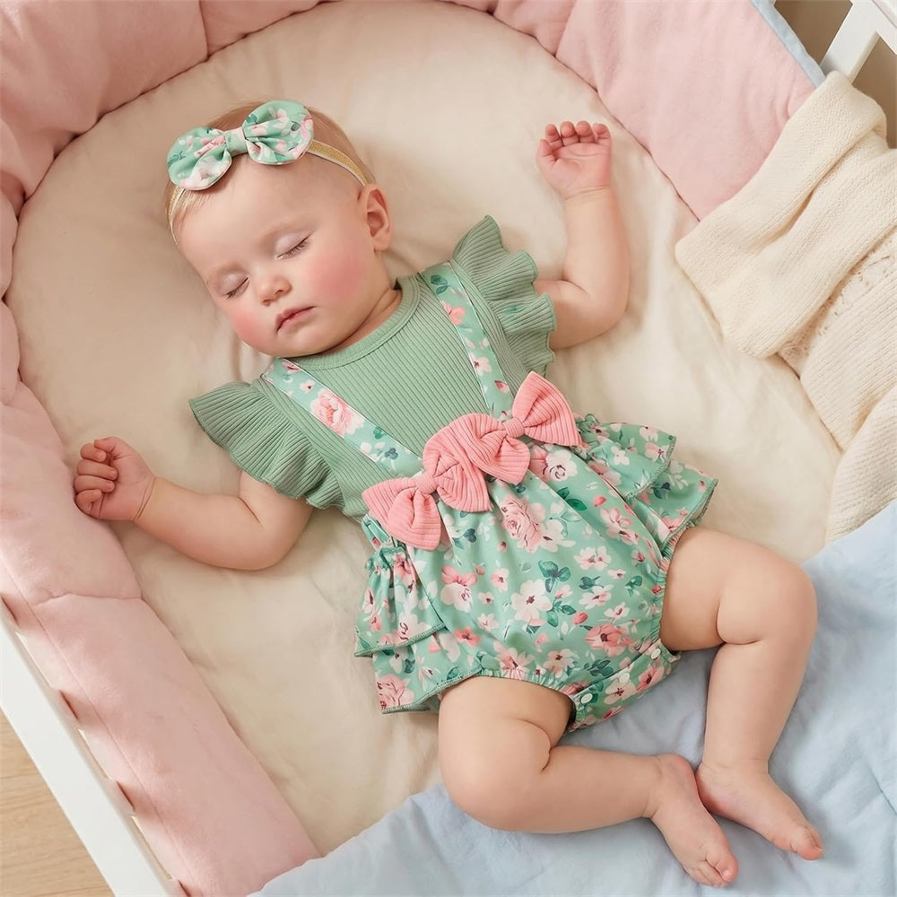 2PSC Trend Floral Printed Flounce Sleeve Baby Romper