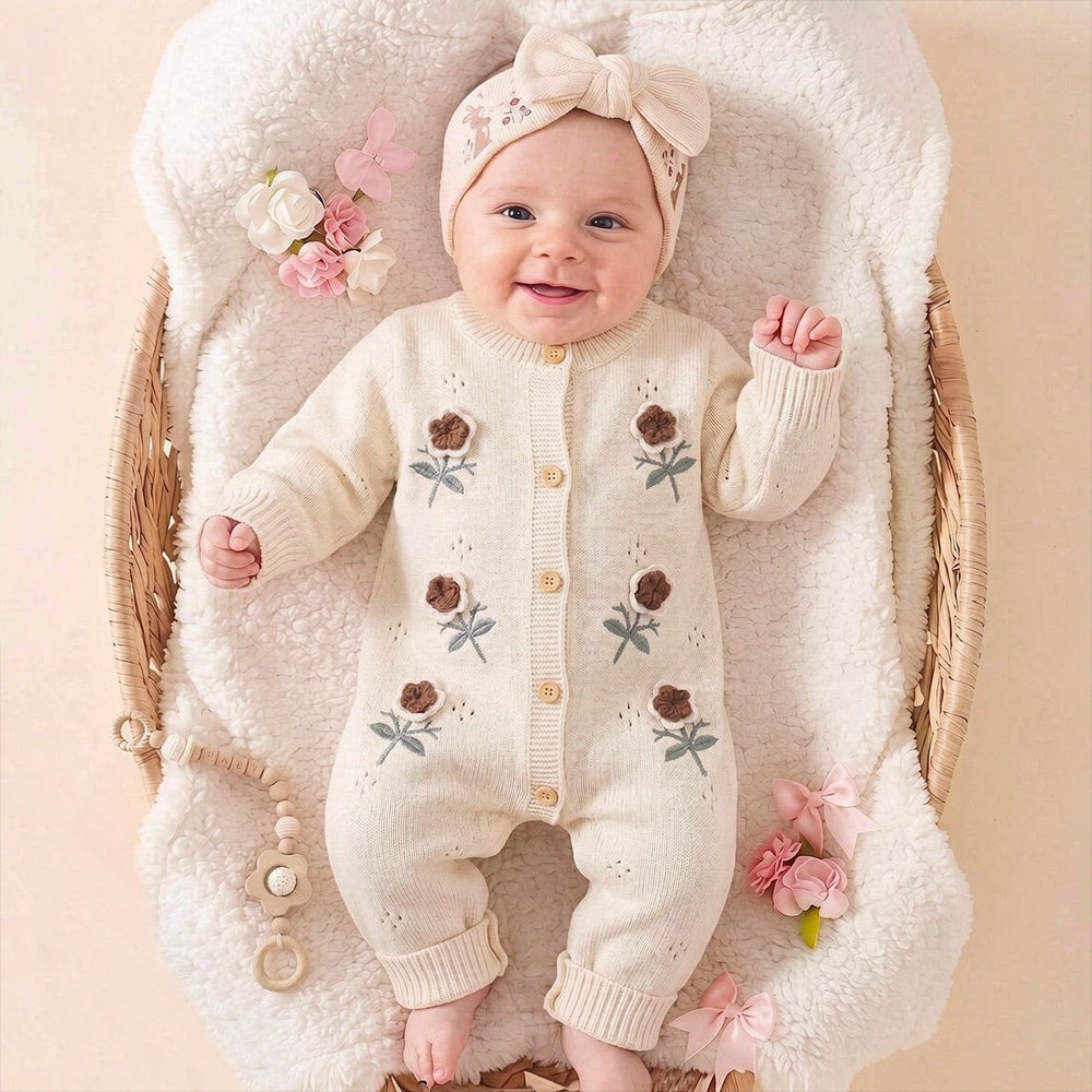 Soft Floral Embroidered Long Sleeve Knitted Baby Jumpsuit