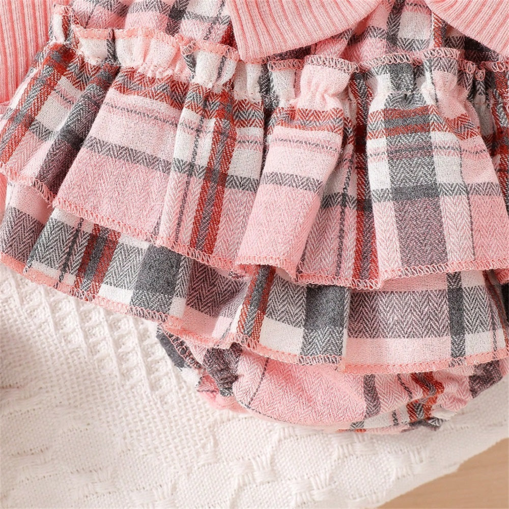 3PCS Mama Is My Bestie Letter Printed Plaid Short Sleeve Baby Set