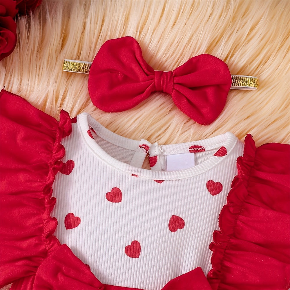 2PCS Cute Heart Print Ruffle Trim Long Sleeve Baby Romper