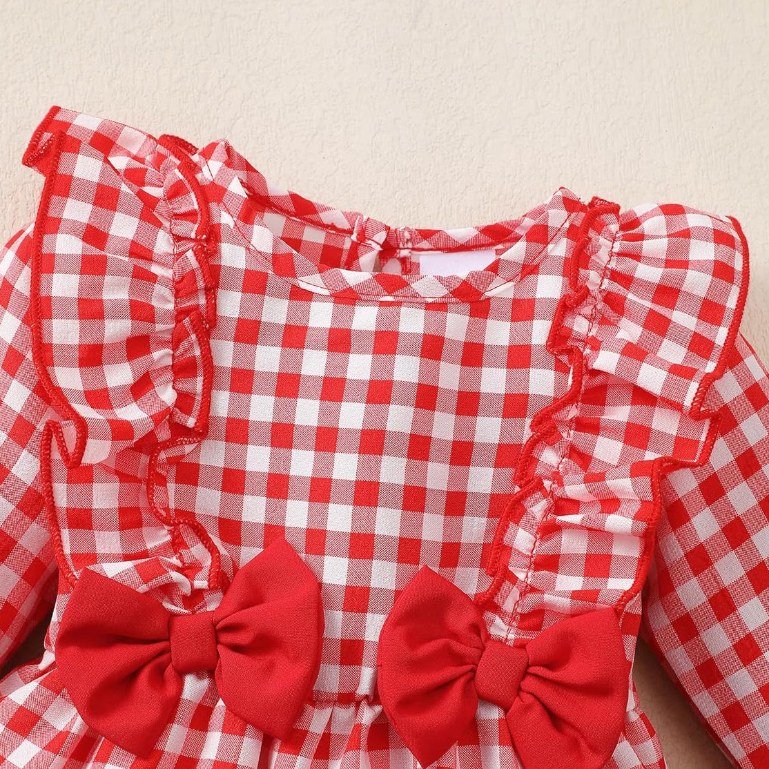 2PCS Classic Plaid Print Bow Long Sleeve Baby Jumpsuit