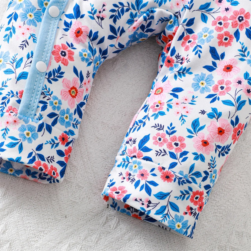2PCS Trendy Floral Print Bow Long Sleeve Baby Jumpsuit
