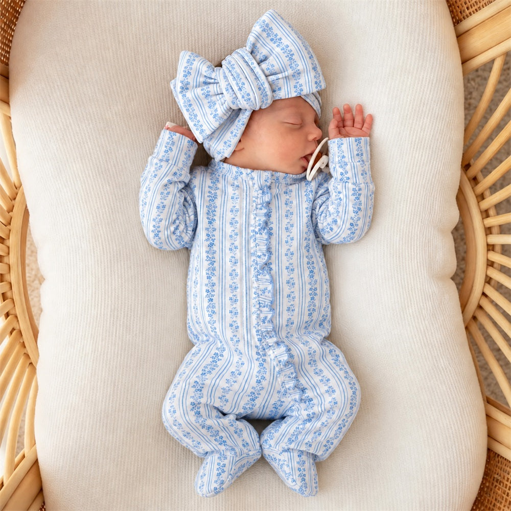 2PCS Cheerful Floral Print Ruffle Long Sleeve Zipper Baby Jumpsuit