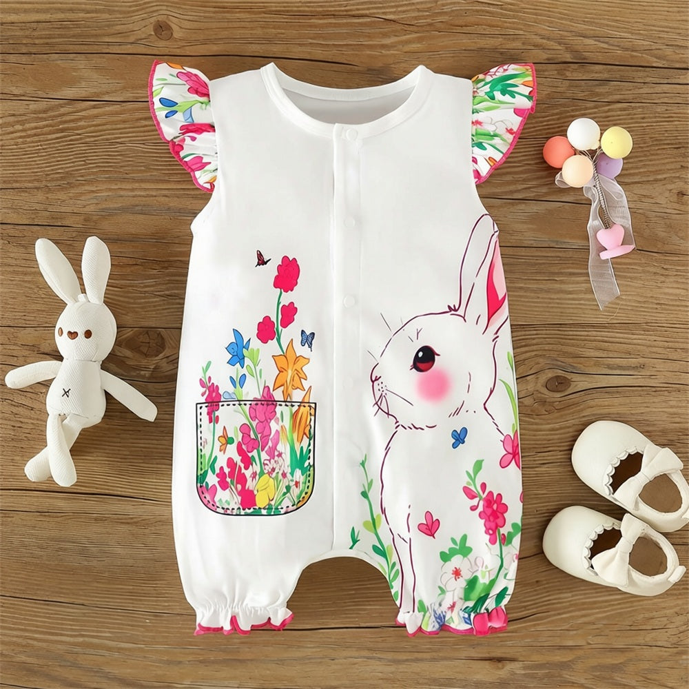 Lovely Rabbit Floral Print Flutter Sleeve Baby Jumpsuit