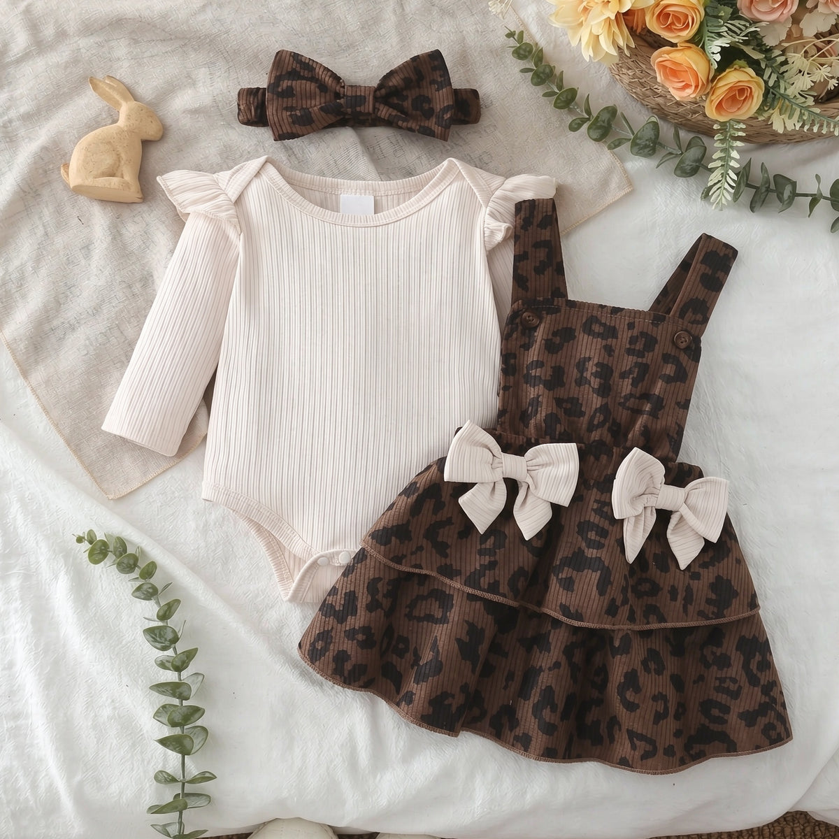 3PCS Exquisite Leopard Print Long Sleeve Baby Suspender Set