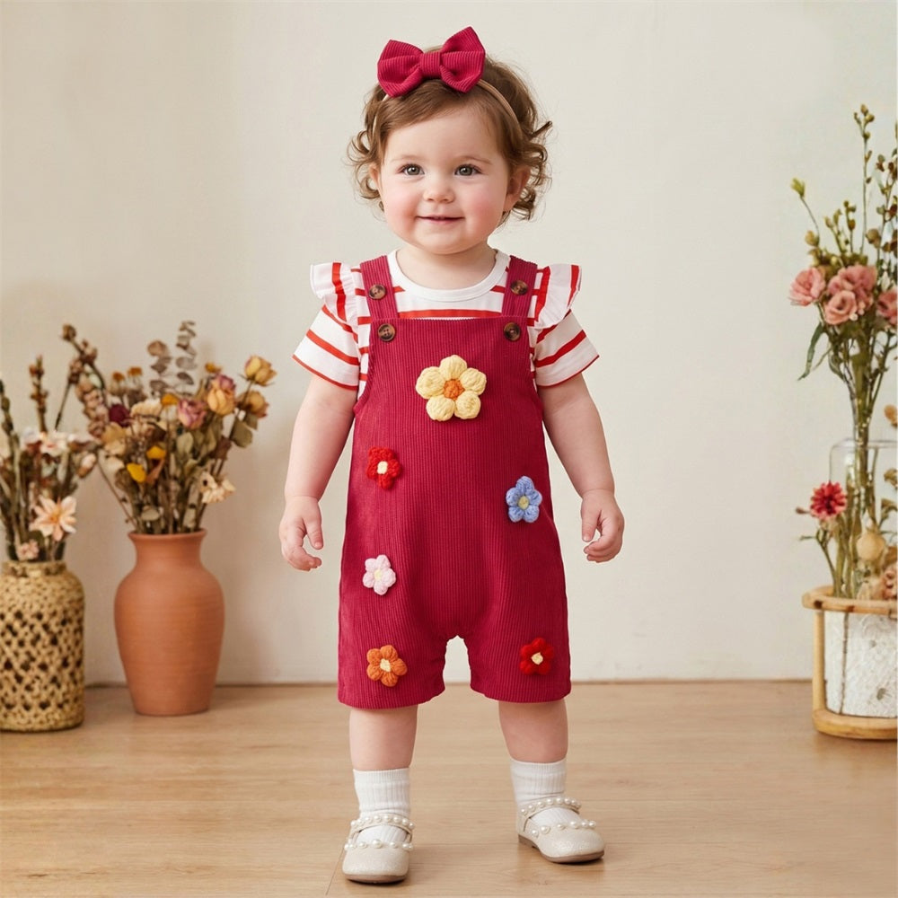 3PCS 3D Floral Embroidery Striped Short Sleeve Baby Overalls Set