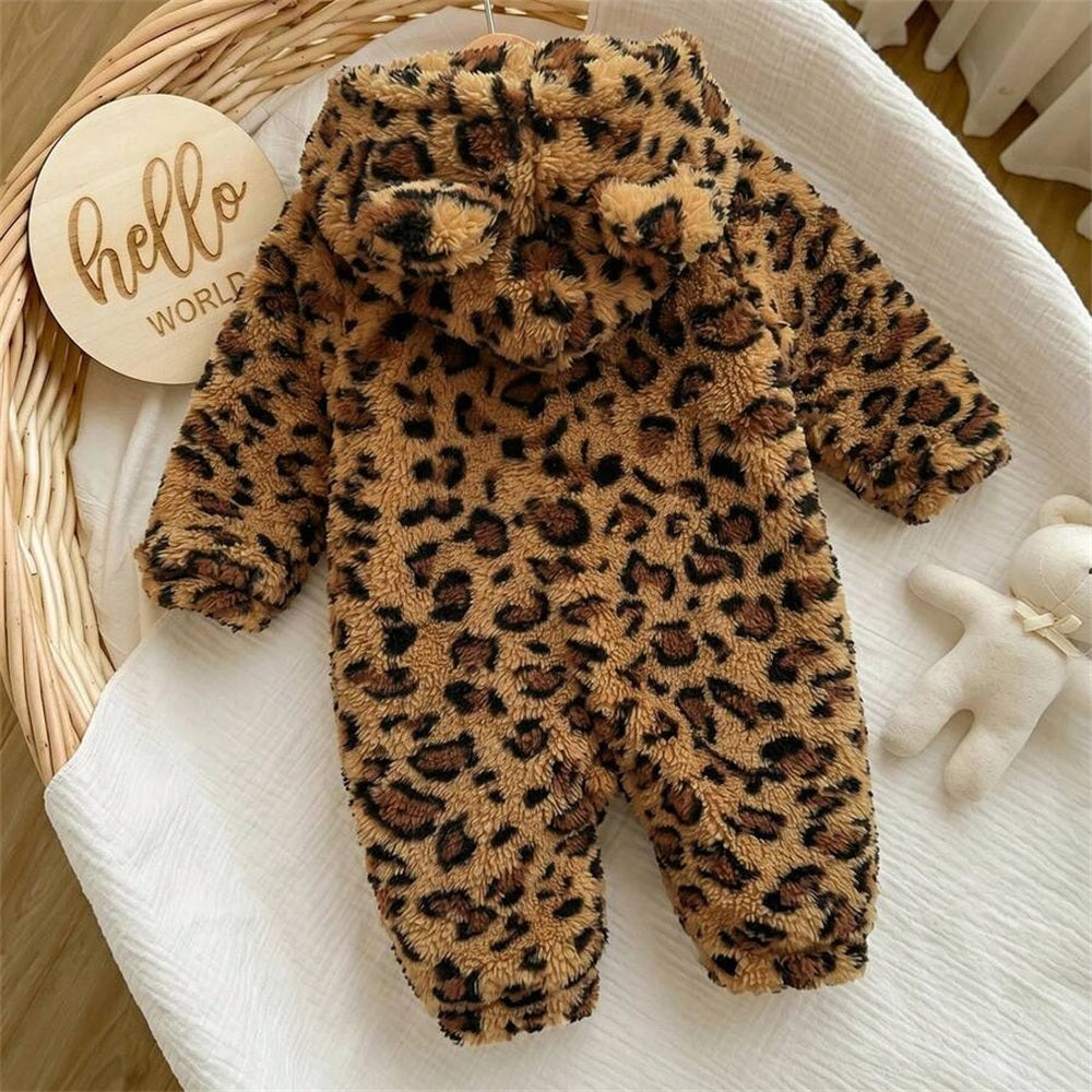 Fuzzy Leopard Printed Zipper Long Sleeve Baby Jumpsuit