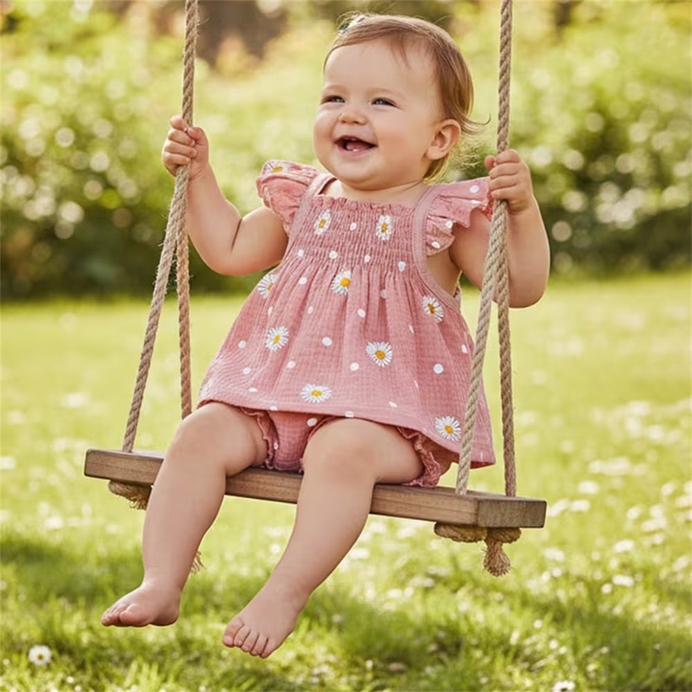 2PCS Summer Cute Daisy Printed Fly Sleeve Baby Set