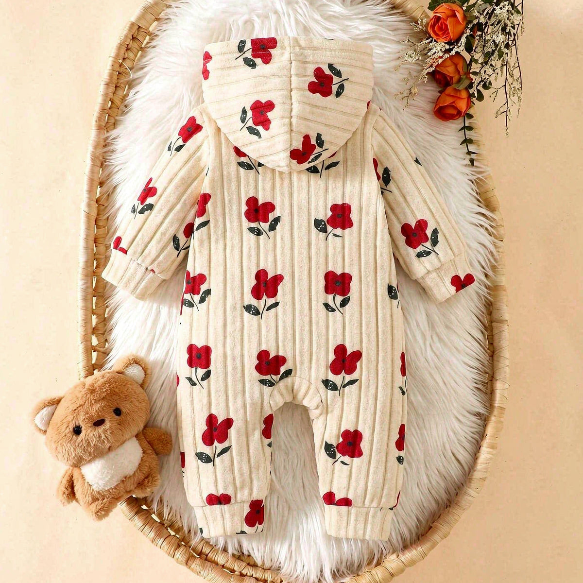 Sweet Floral Print Long Sleeve Hoodie Baby Girl Fleece Jumpsuit