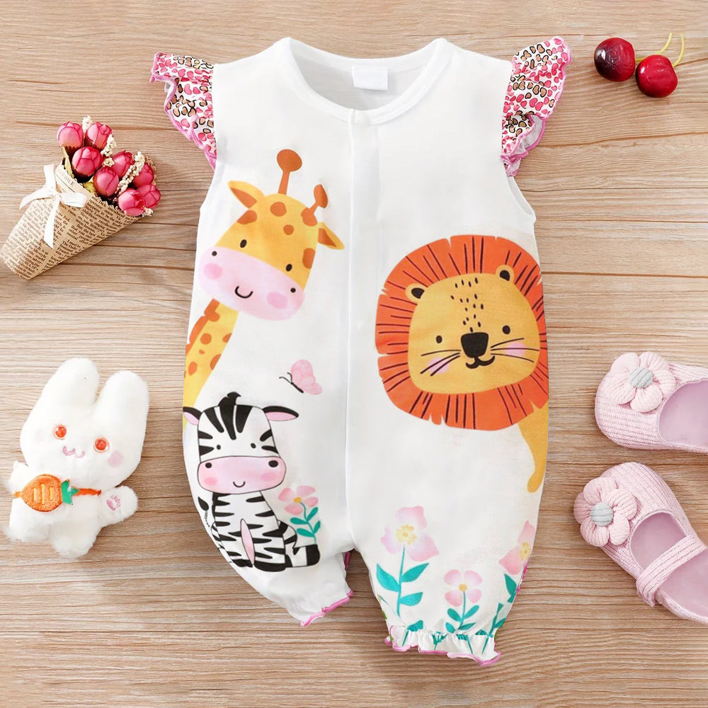 2PCS Cute Animal Printed Sleeveless Baby Jumpsuit