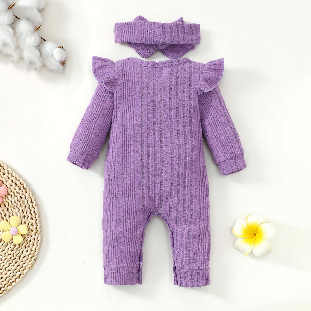 2PCS Cotton Linen Solid Ribbed Long Sleeve Baby Jumpsuit