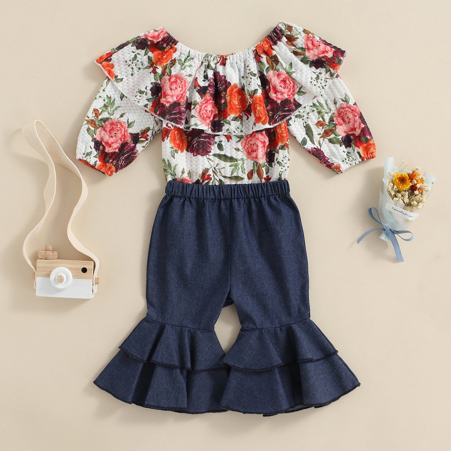 2PCS Adorable Floral Print Long Sleeve Baby Set