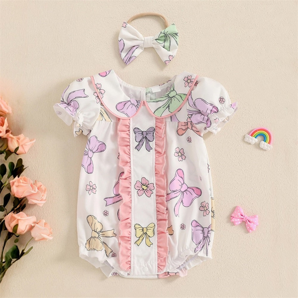 2PCS Cute Bow Printed Frill Trim Short Sleeve Baby Romper