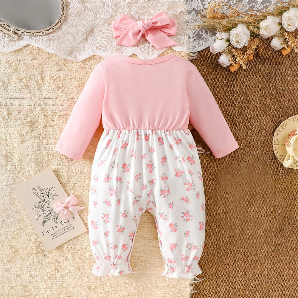 2PCS Sweet Floral Print Bow Decoration Baby Jumpsuit