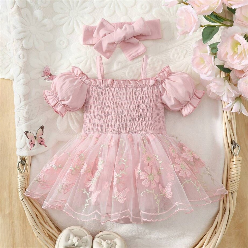 2PCS Spaghetti Strap Off-Shoulder Ruffle Sleeve Floral Embroidery Mesh Baby Romper