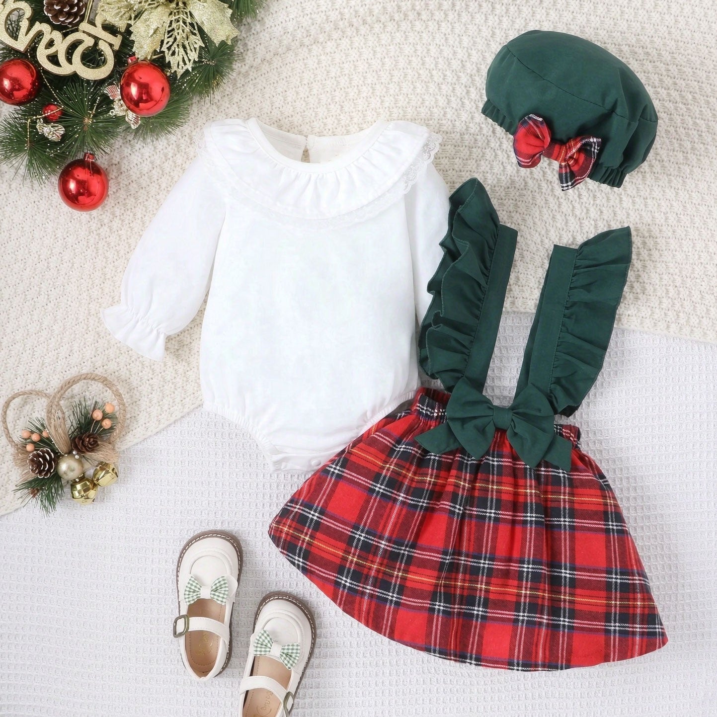 3PCS Christmas Classic Tartan Plaid Print Long Sleeve Baby Set
