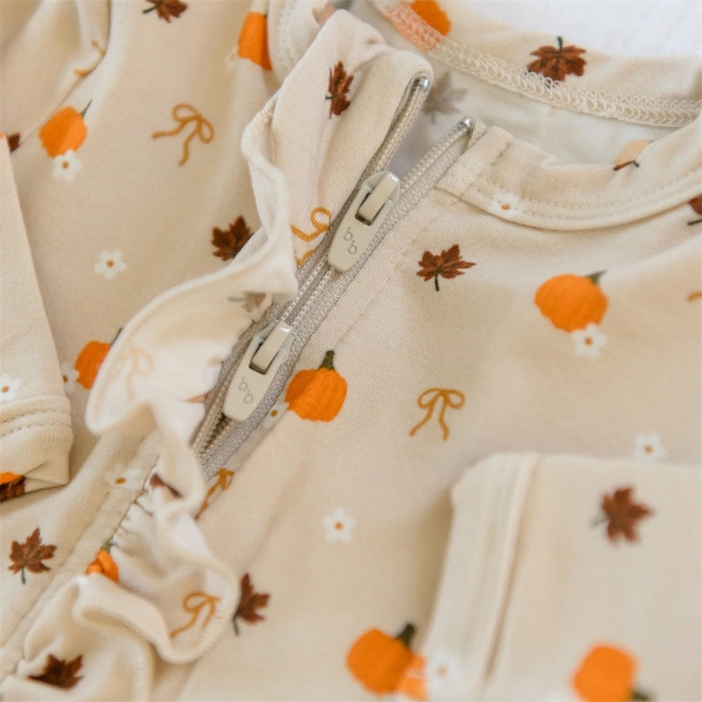 2PCS Fall-inspired Print Ruffle Long Sleeve Baby Jumpsuit