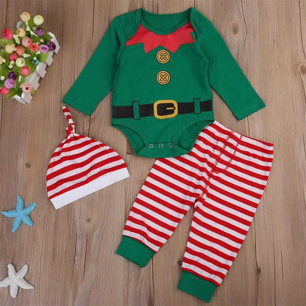 3PCS Christmas Stripe Printed Long Sleeve Baby Boy Set