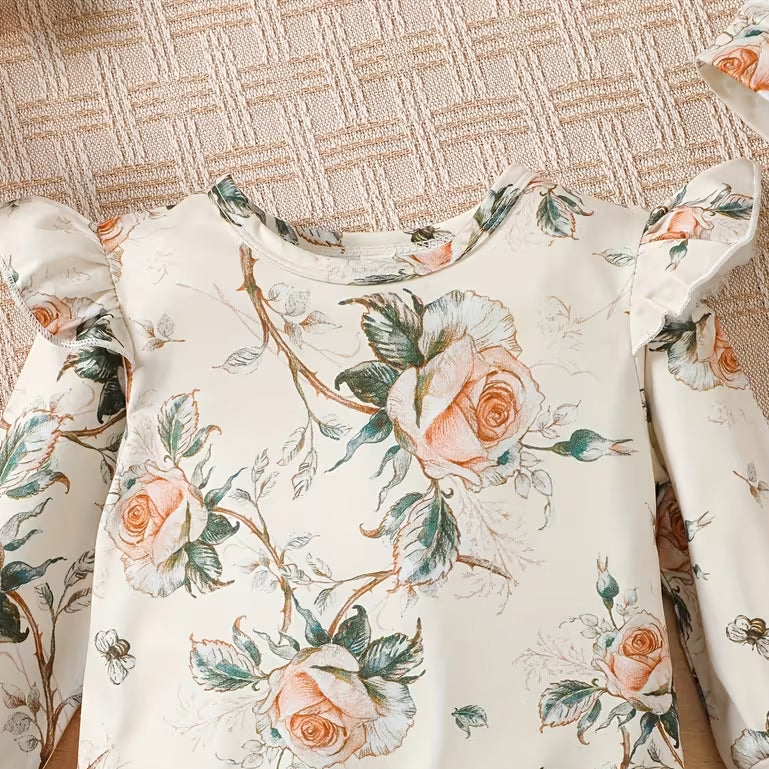 2PCS Vintage Floral Print Long Sleeve Baby Girl Jumpsuit