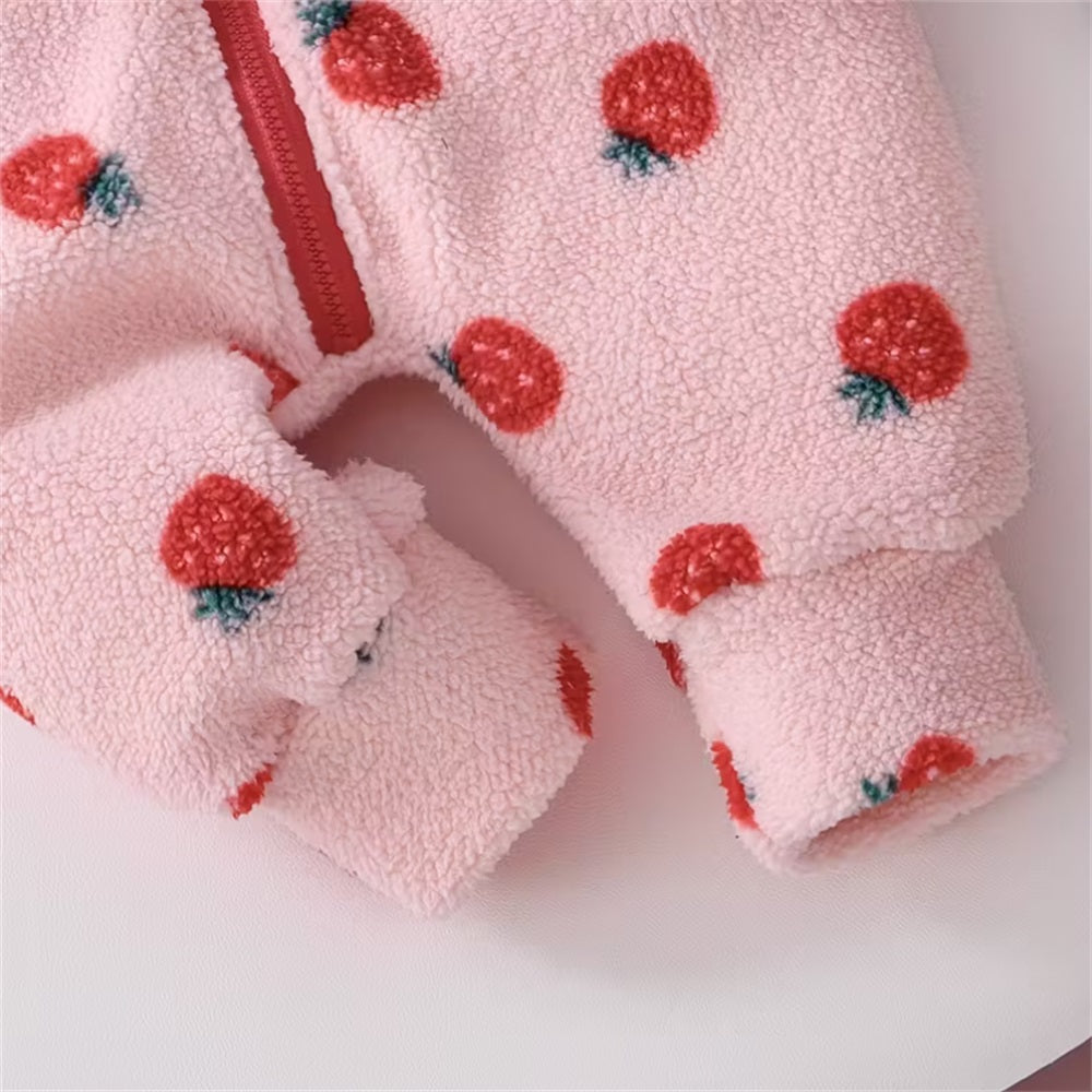 Sweet Strawberry Print Long Sleeve Plush Baby Jumpsuit