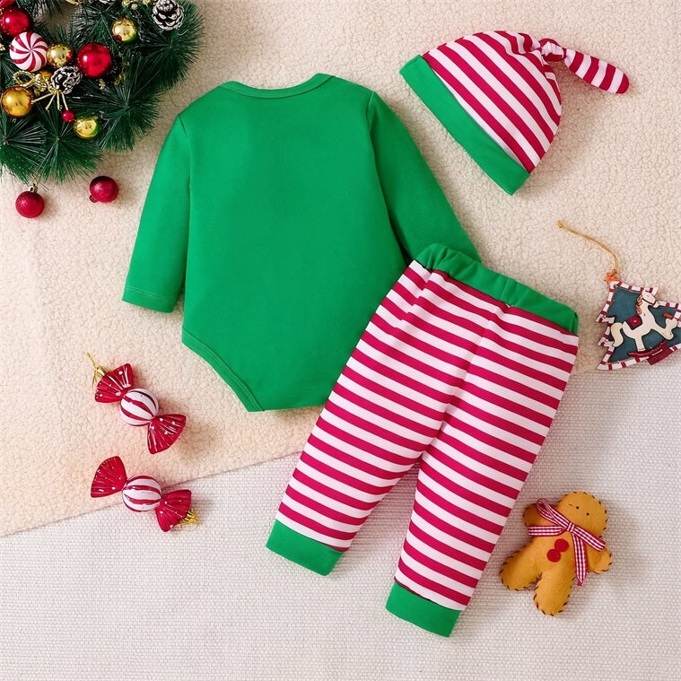 3PCS Christmas Bear Stripe Print Long Sleeve Baby Set