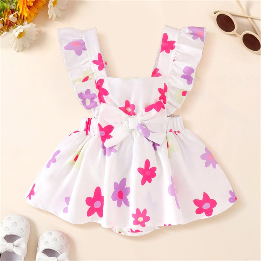 Casual Floral Printed Flounce Sleeve Baby Romper