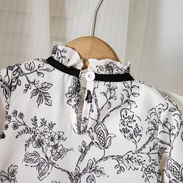 2PCS Vintage Floral Print Lace Eyelet Long Sleeve Baby Girl Romper