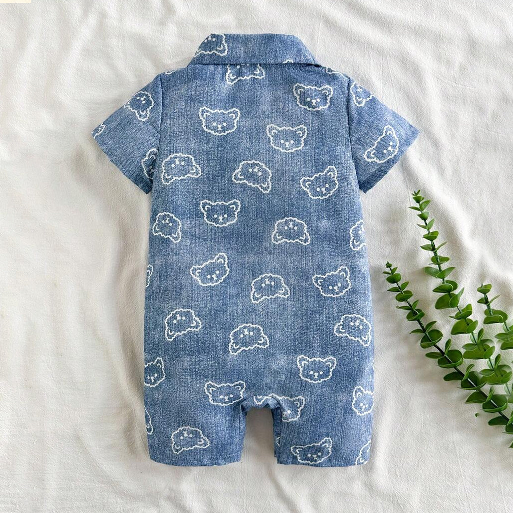 Adorable Bear Printed Denim Short Sleeve Baby Jumpsuit