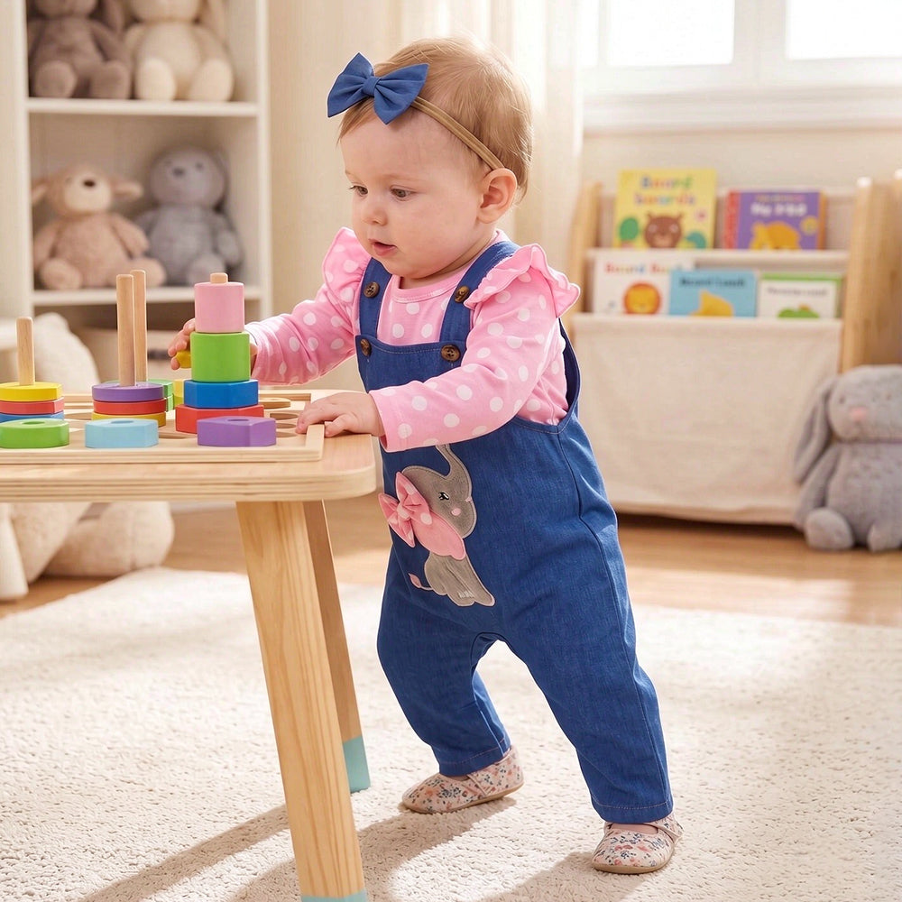 3PCS Polka-dot Top Print Elephant Embroidery Overalls Baby Set