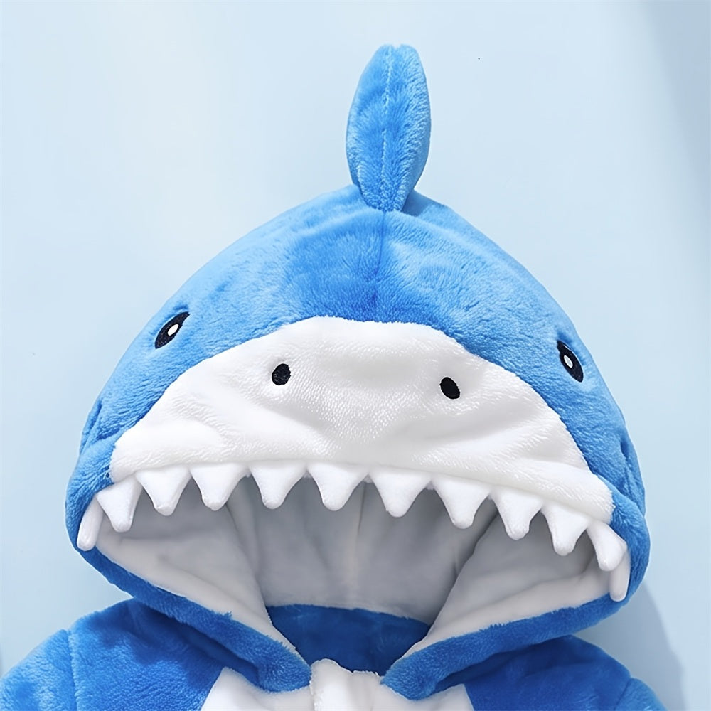 Fuzzy Shark Design Zipper Hoodie Baby Jumpsuit