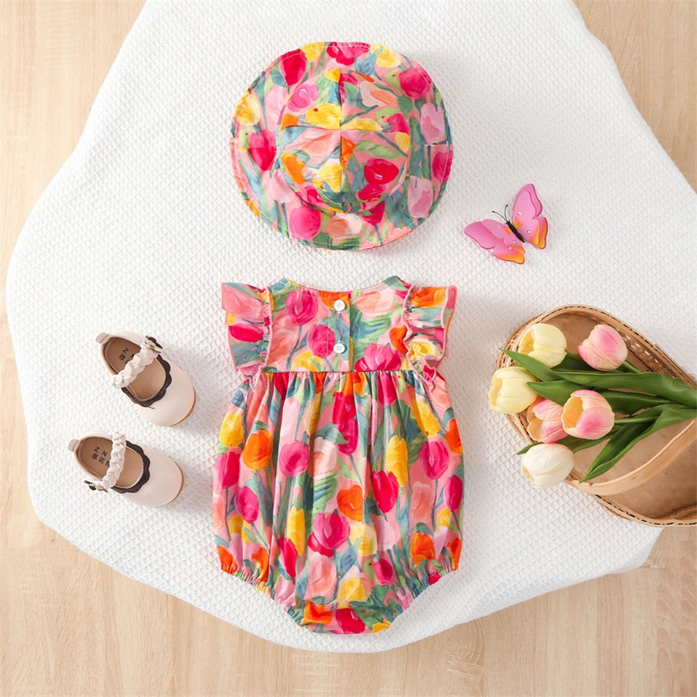 2PCS Cute Tulip Printed Sleeveless Baby Romper