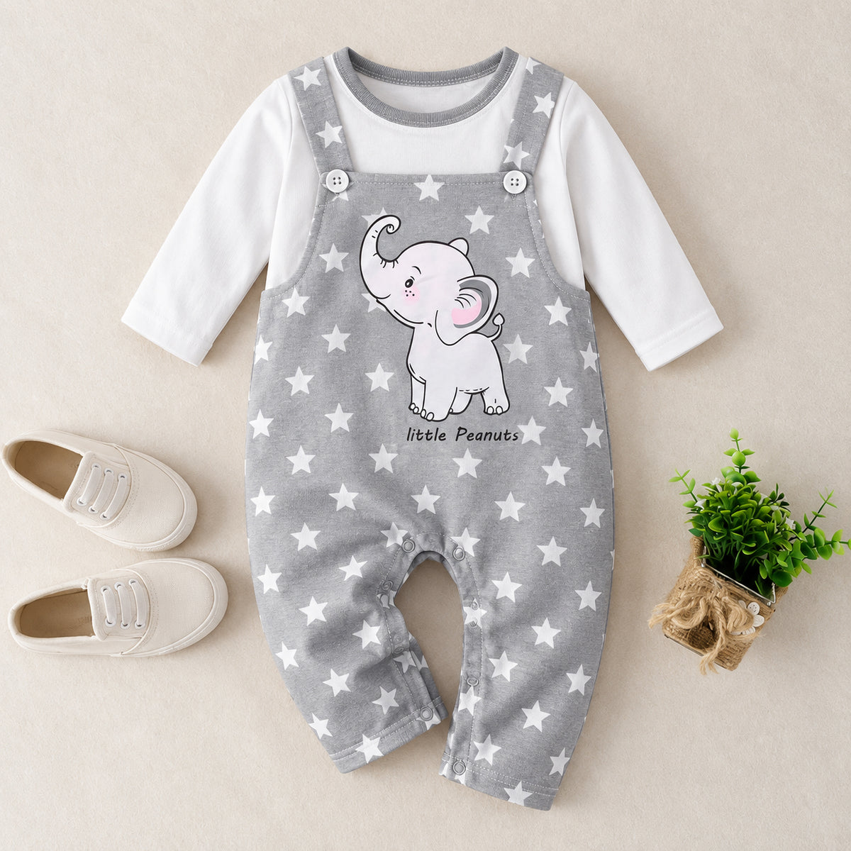 Lovely Letter and Elephant Stars Print Faux Layer Baby Jumpsuit